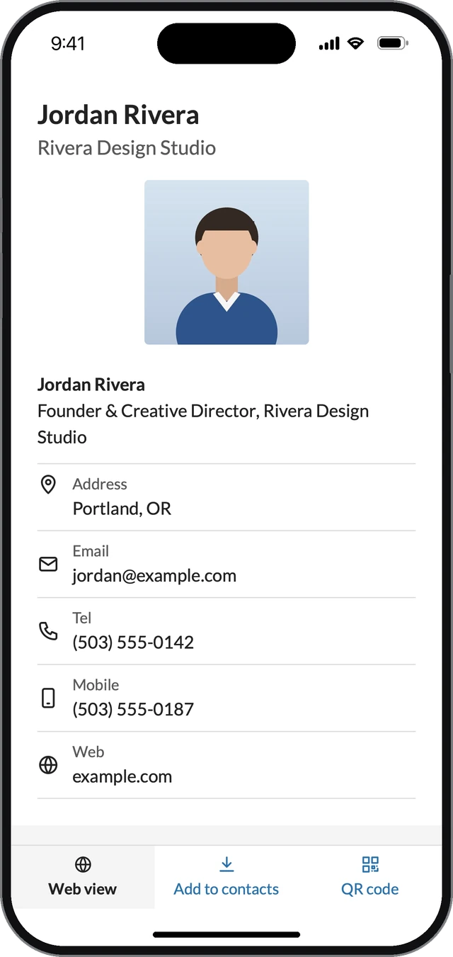 A vcrd.co card page on an iPhone: the name, photo, contact details, and buttons to add the card to contacts or show its QR code